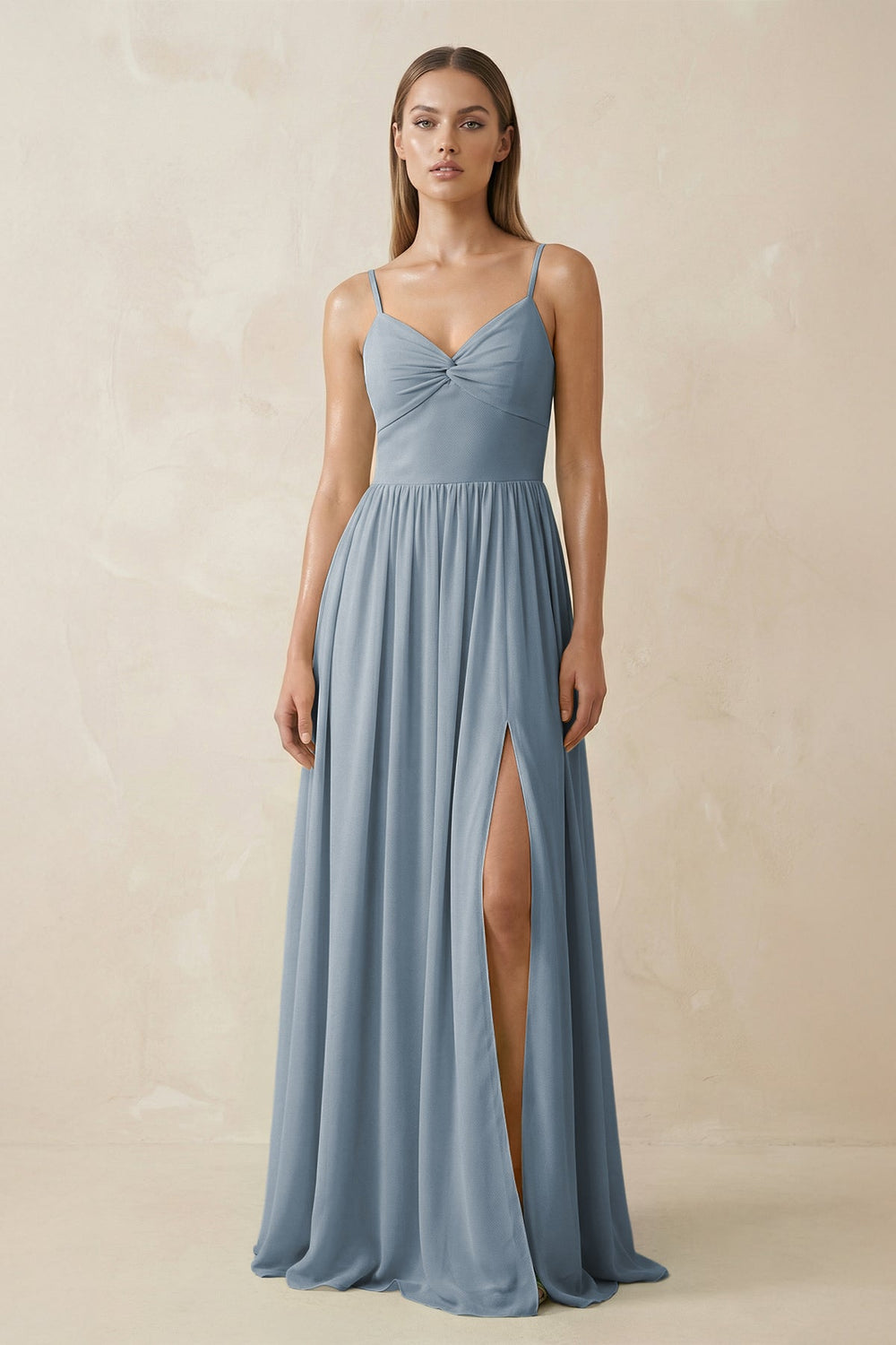 Spaghetti Strap Pleated A-Line Chiffon Bridesmaid Dress in Dusty Blue