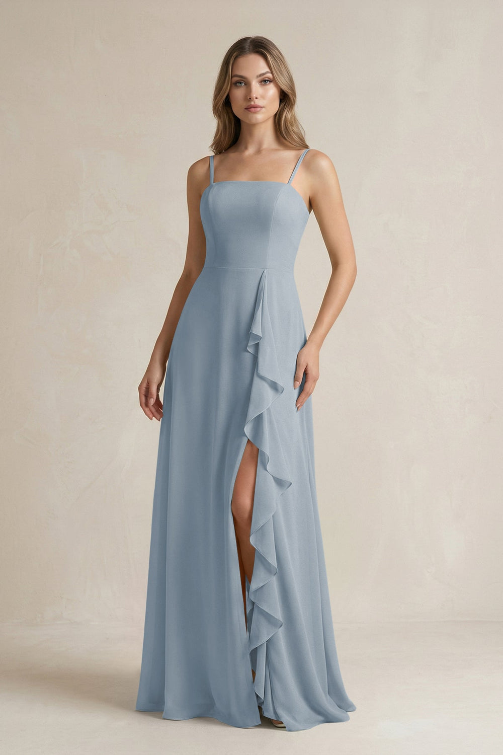 Spaghetti Strap Ruffled A-Line Chiffon Bridesmaid Dress in Dusty Blue