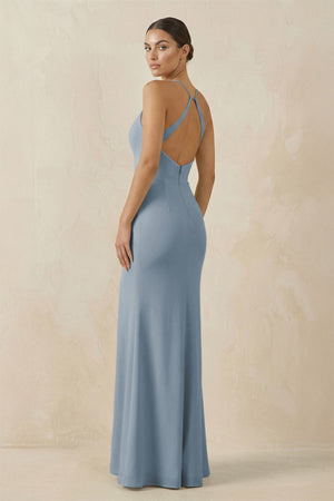 Dusty Blue Spaghetti Strap Sheath Chiffon Bridesmaid Dress With Slit (2) | KISSBRIDAL