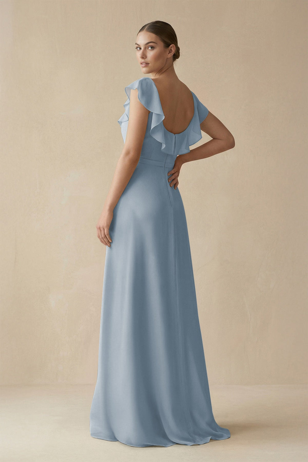 Square Neck A-Line Bridesmaid Dress with Ruffles in Dusty Blue