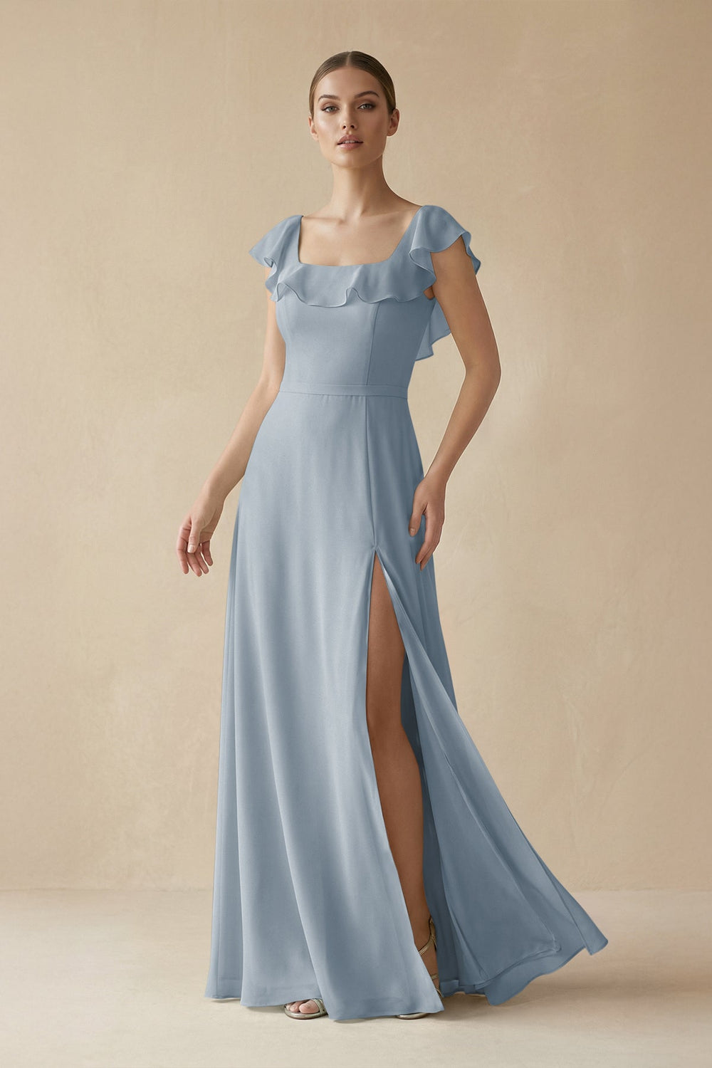Square Neck A-Line Bridesmaid Dress with Ruffles in Dusty Blue
