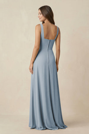 Dusty Blue Square Neck A-Line Bridesmaid Dress With Slit (2) | KISSBRIDAL