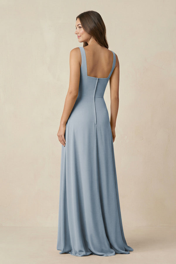 Dusty Blue Square Neck A-Line Bridesmaid Dress With Slit (2) | KISSBRIDAL