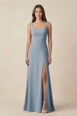 Dusty Blue Square Neck A-Line Bridesmaid Dress With Slit | KISSBRIDAL