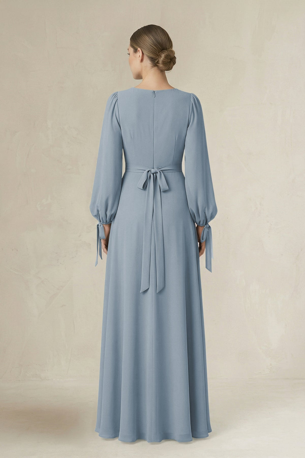 Square Neck Long Sleeve A-Line Chiffon Bridesmaid Dress in Dusty Blue