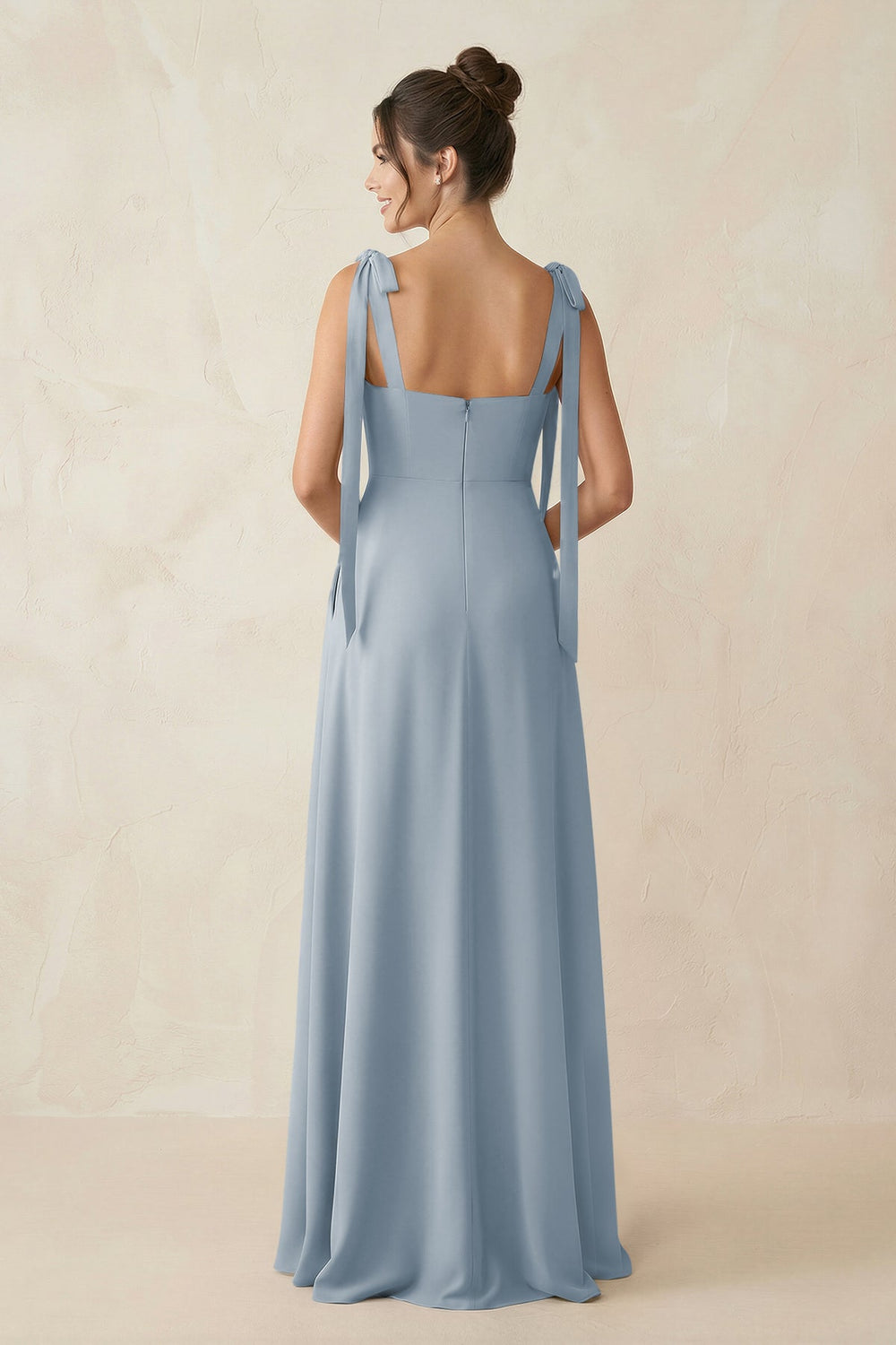 Square Neck Sheath Chiffon Bridesmaid Dress with Bow in Dusty Blue