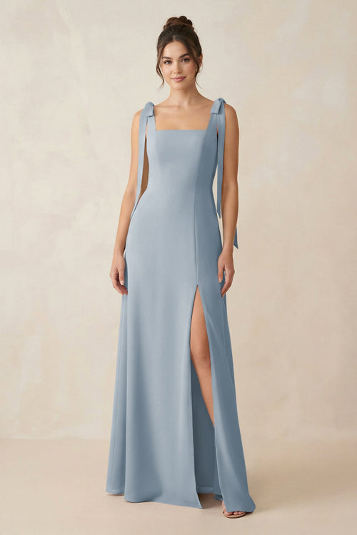 Dusty Blue Square Neck Sheath Chiffon Bridesmaid Dress with Bow | KISSBRIDAL
