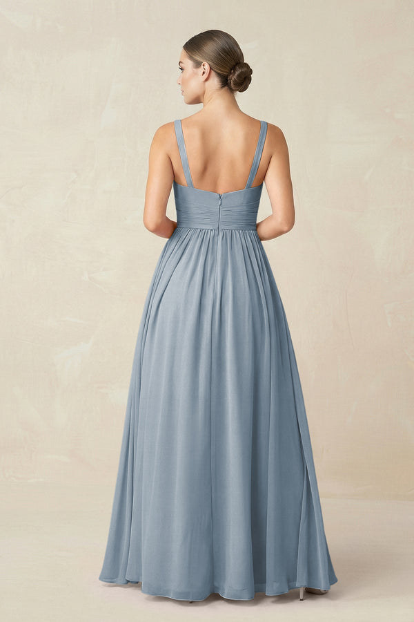 Dusty Blue Sweetheart A-Line Chiffon Bridesmaid Dress with Slit in Dusty Blue (2) | KISSBRIDAL