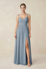 Dusty Blue Sweetheart A-Line Chiffon Bridesmaid Dress with Slit in Dusty Blue | KISSBRIDAL