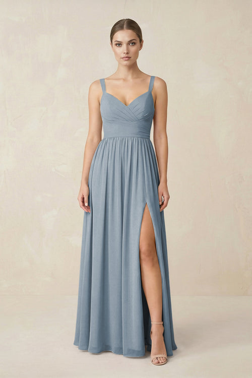 Dusty Blue Sweetheart A-Line Chiffon Bridesmaid Dress with Slit in Dusty Blue | KISSBRIDAL