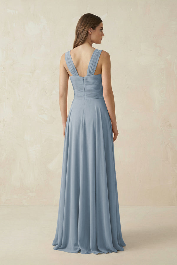 Dusty Blue Sweetheart Pleated A-Line Chiffon Bridesmaid Dress (2) | KISSBRIDAL