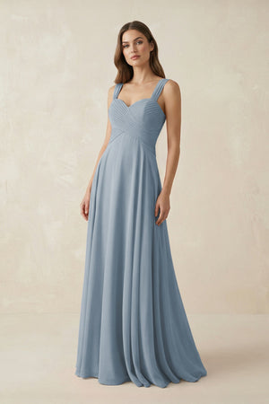 Dusty Blue Sweetheart Pleated A-Line Chiffon Bridesmaid Dress | KISSBRIDAL