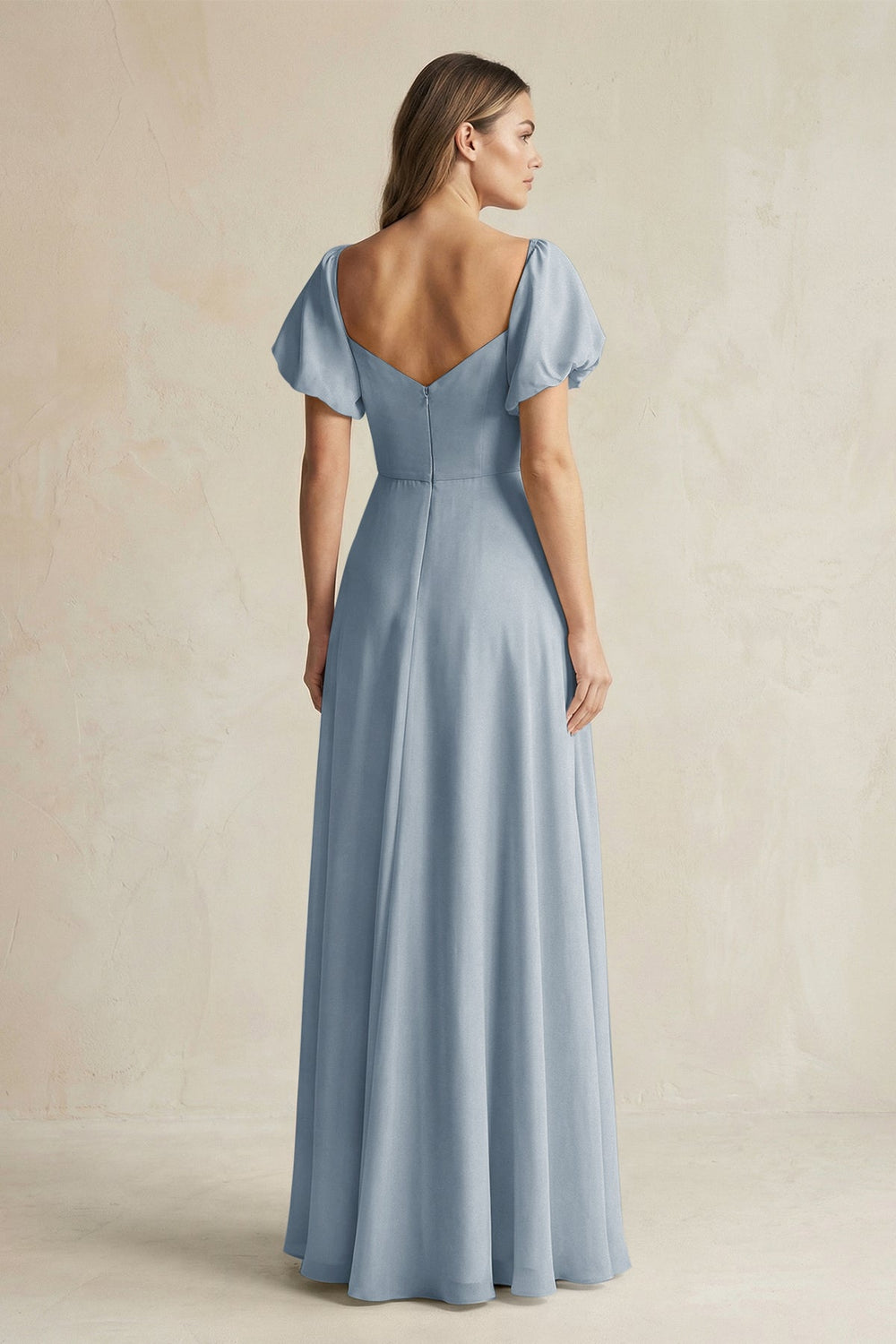 Sweetheart Puff Sleeve A-Line Chiffon Bridesmaid Dress in Dusty Blue