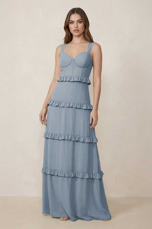 Dusty Blue Sweetheart Tiered A-Line Chiffon Bridesmaid Dress | KISSBRIDAL