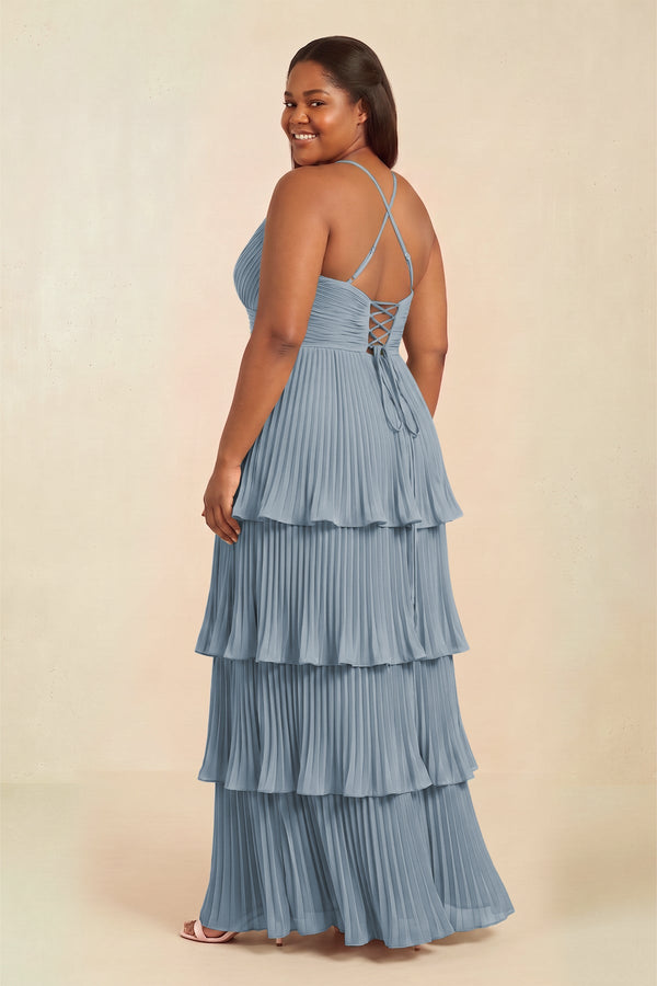 Dusty Blue Tiered Pleated V-Neck A-Line Chiffon Bridesmaid Dress (2) [sizeplus] | KISSBRIDAL
