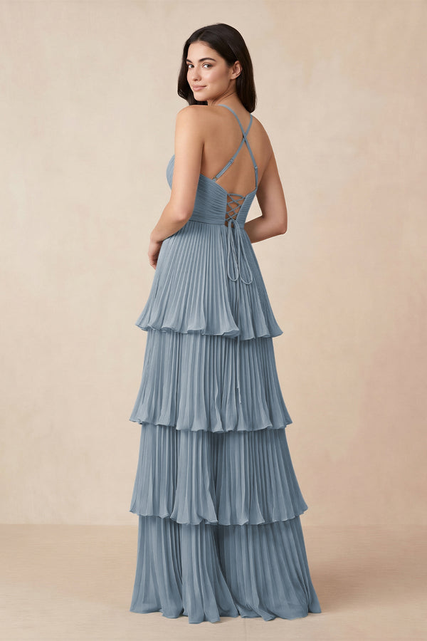 Dusty Blue Tiered Pleated V-Neck A-Line Chiffon Bridesmaid Dress (2) | KISSBRIDAL