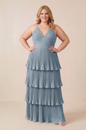 Dusty Blue Tiered Pleated V-Neck A-Line Chiffon Bridesmaid Dress (3) [sizeplus] | KISSBRIDAL