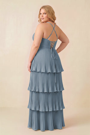 Dusty Blue Tiered Pleated V-Neck A-Line Chiffon Bridesmaid Dress (4) [sizeplus] | KISSBRIDAL