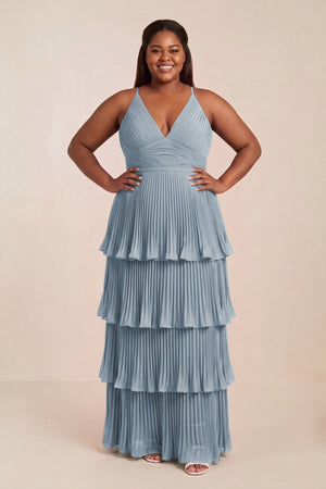 Dusty Blue Tiered Pleated V-Neck A-Line Chiffon Bridesmaid Dress [sizeplus] | KISSBRIDAL