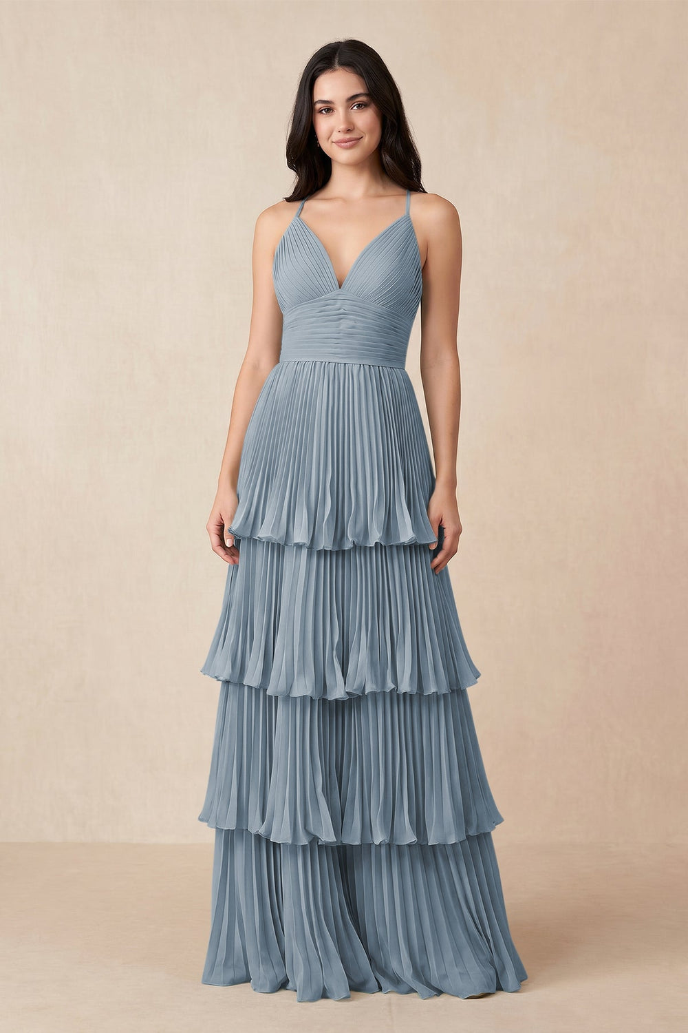 Tiered Pleated V-Neck A-Line Chiffon Bridesmaid Dress in Dusty Blue