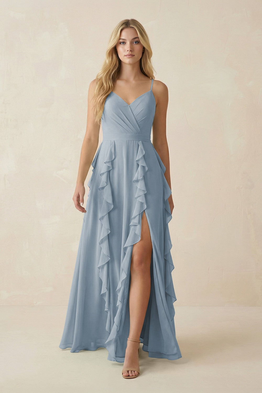 Tiered Ruffle A-Line Chiffon Bridesmaid Dress in Dusty Blue