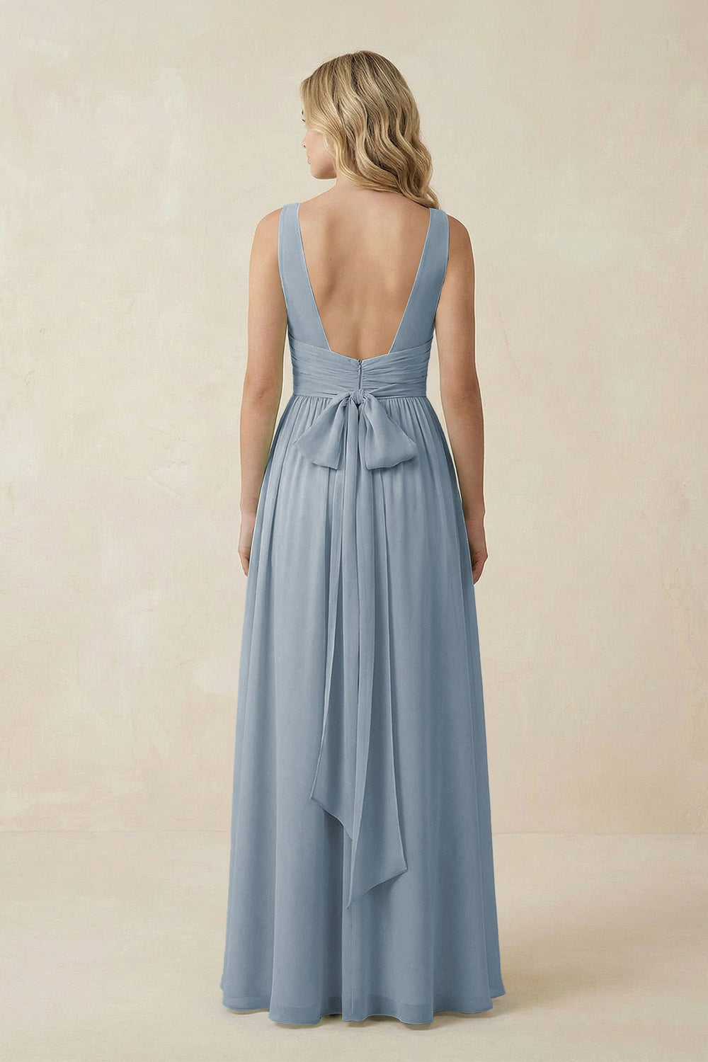 V-Neck A-Line Bridesmaid Dress with Back Bow in Dusty Blue