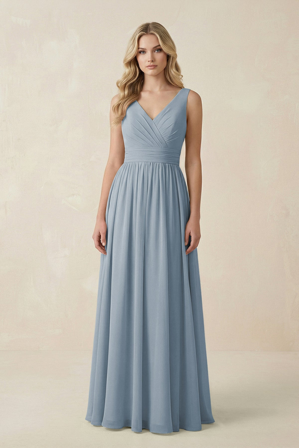 V-Neck A-Line Bridesmaid Dress with Back Bow in Dusty Blue