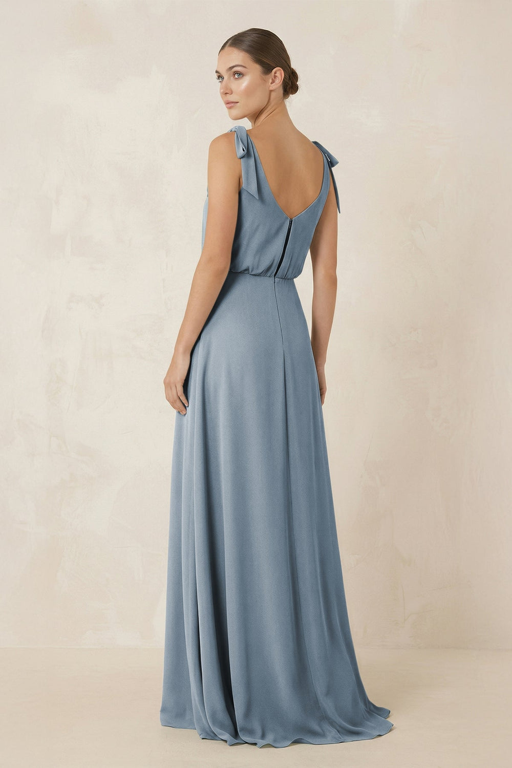 V-Neck A-Line Chiffon Bridesmaid Dress in Dusty Blue