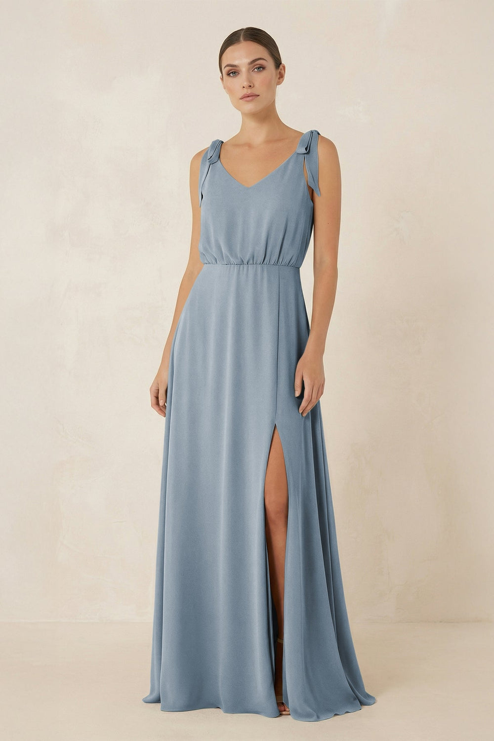 V-Neck A-Line Chiffon Bridesmaid Dress in Dusty Blue