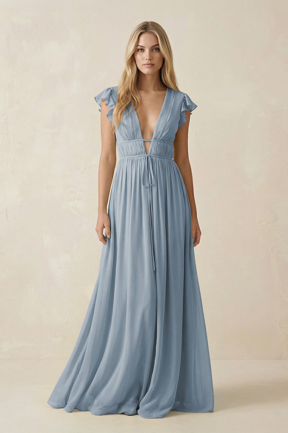 V-Neck A-Line Chiffon Cap Sleeves Bridesmaid Dress in Dusty Blue