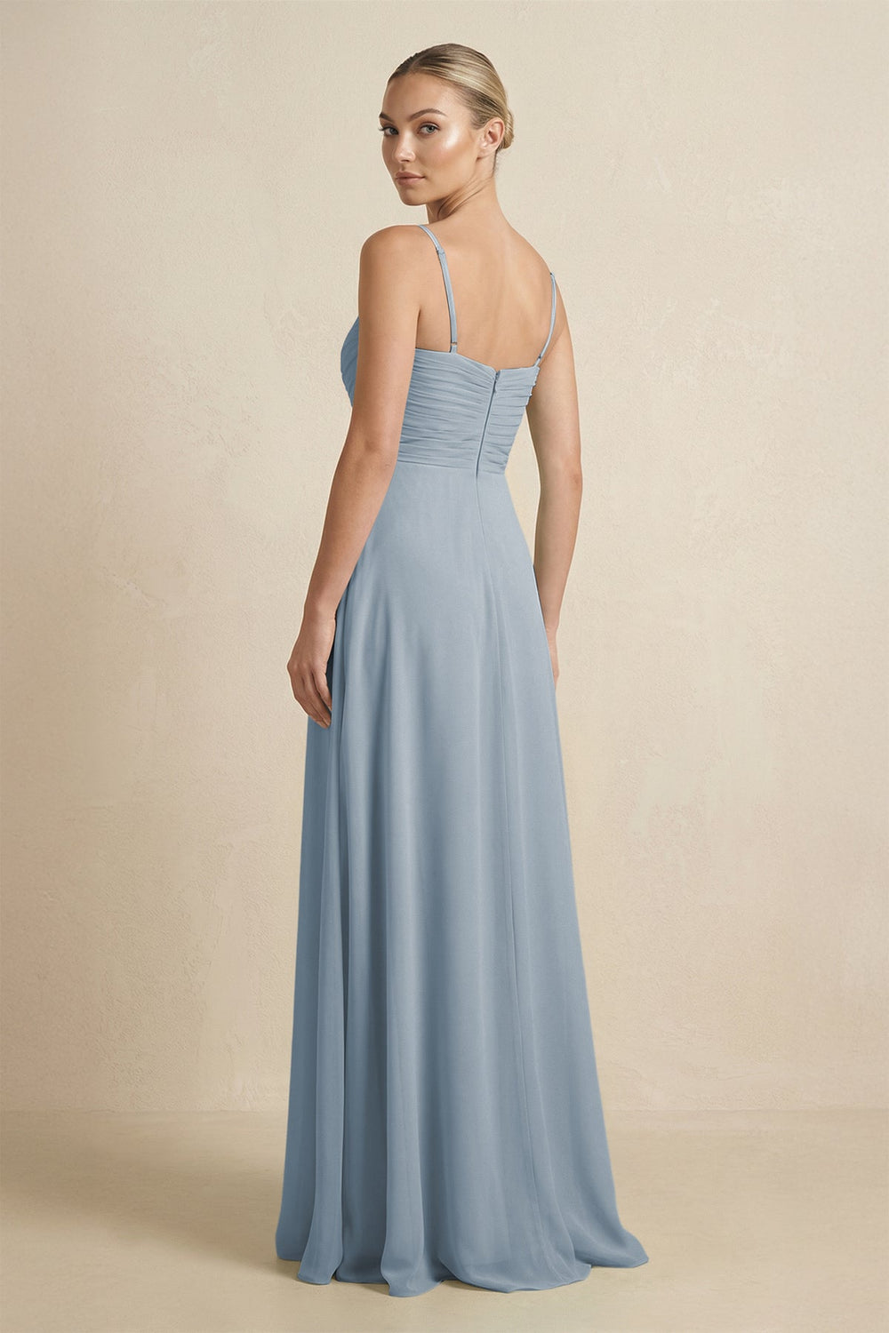 V-Neck A-Line Chiffon Pleated Bridesmaid Dress in Dusty Blue