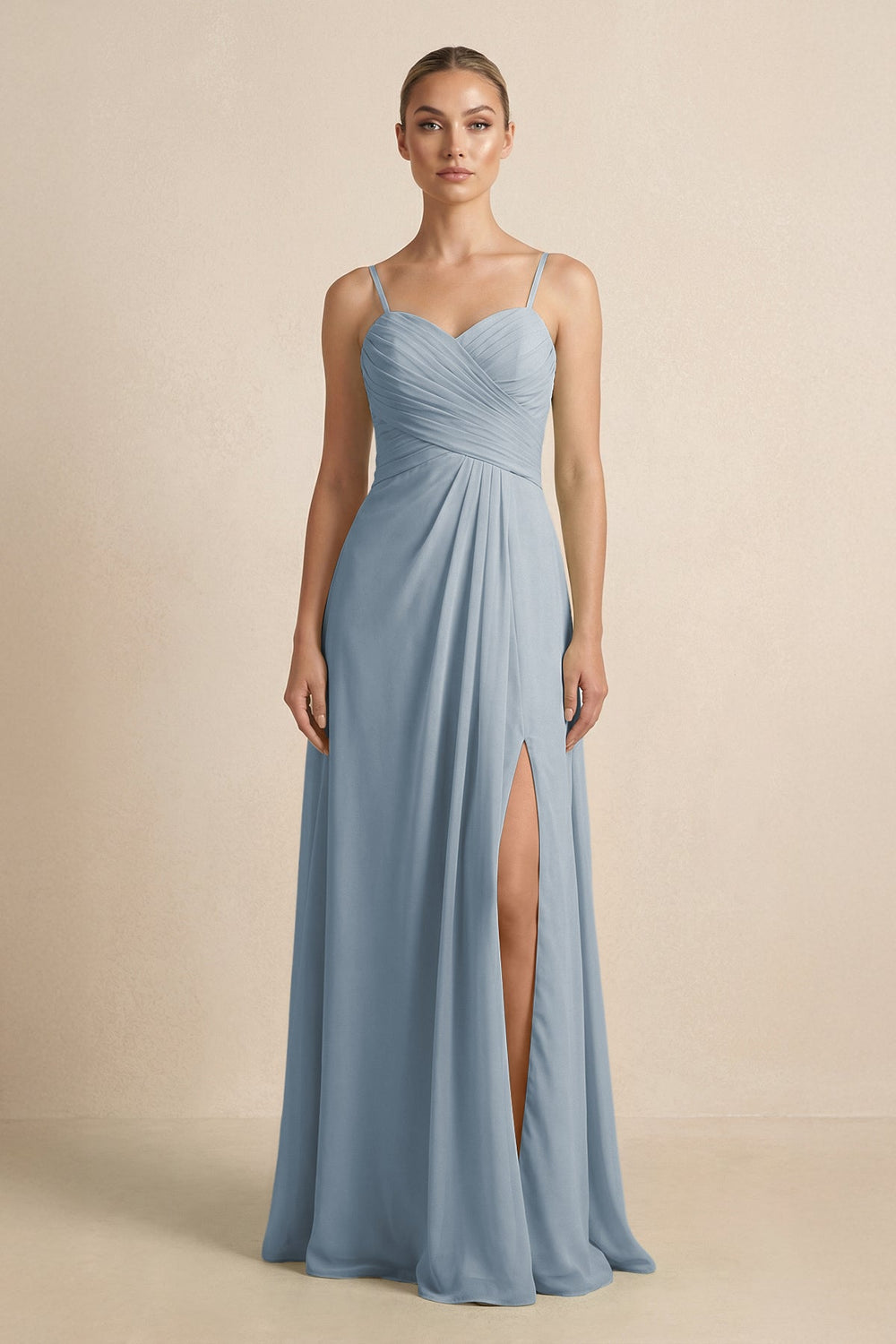 V-Neck A-Line Chiffon Pleated Bridesmaid Dress in Dusty Blue