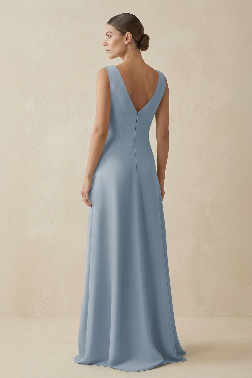 V-Neck A-Line Chiffon Ruffled Bridesmaid Dress in Dusty Blue