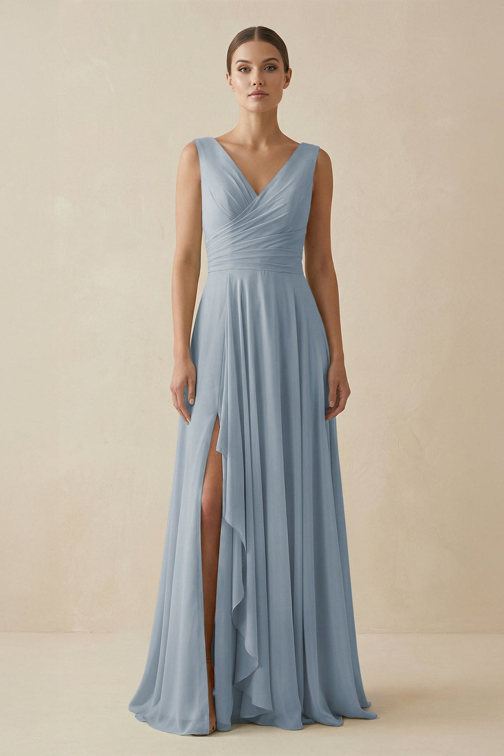 V-Neck A-Line Chiffon Ruffled Bridesmaid Dress in Dusty Blue