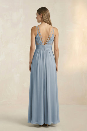 Dusty Blue V-Neck A-Line Pleated Chiffon Bridesmaid Dress (2) | KISSBRIDAL
