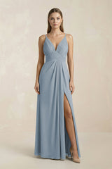 Dusty Blue V-Neck A-Line Pleated Chiffon Bridesmaid Dress | KISSBRIDAL