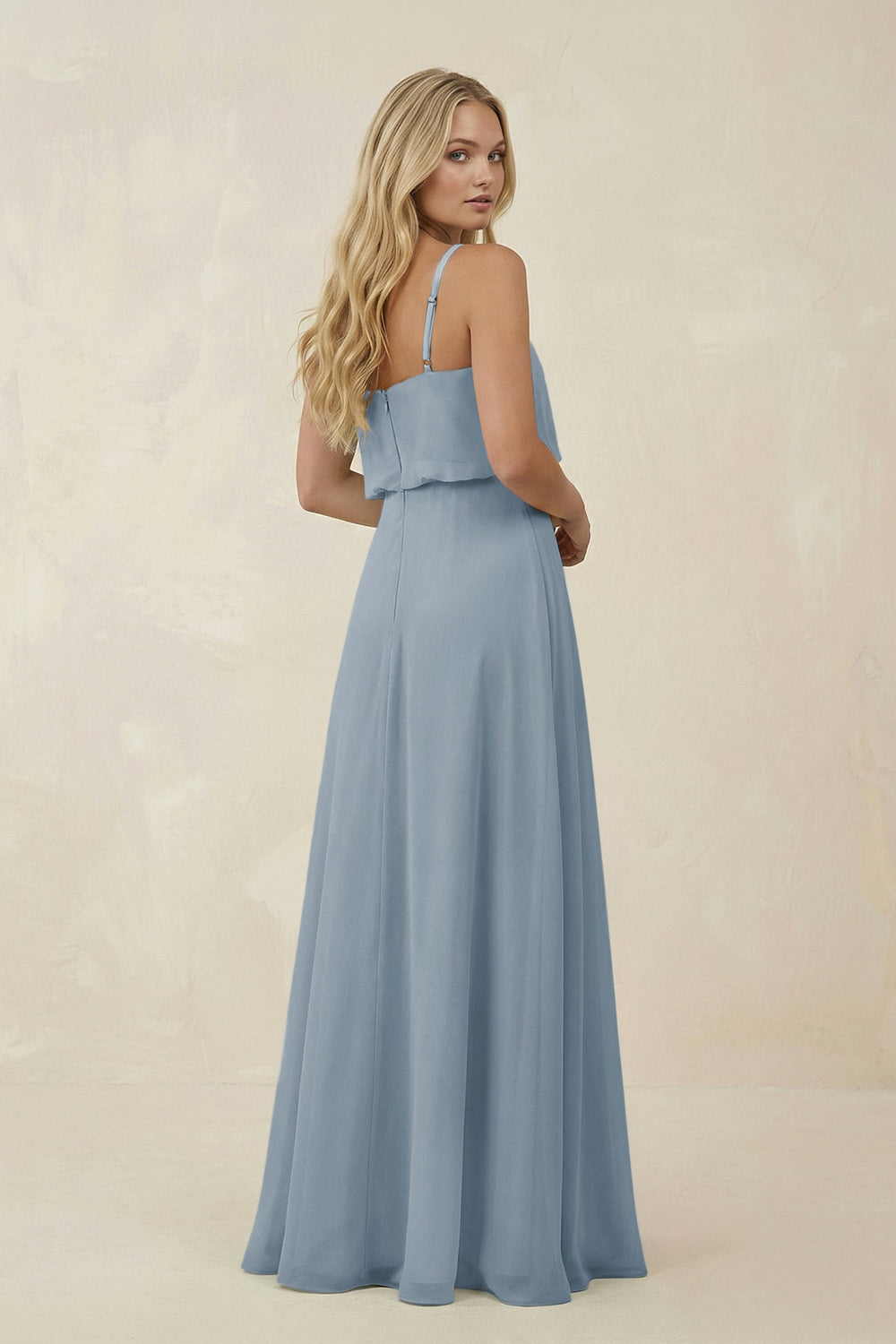 V-Neck Blouson A-Line Chiffon Bridesmaid Dress in Dusty Blue