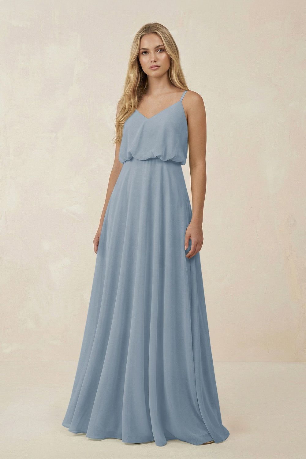 V-Neck Blouson A-Line Chiffon Bridesmaid Dress in Dusty Blue