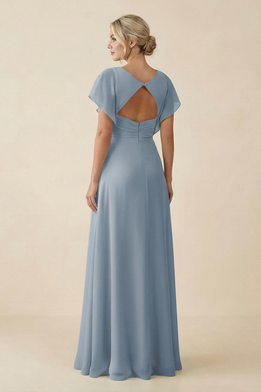 V-Neck Cap Sleeve Chiffon Bridesmaid Dress with Cut-out Back in Dusty Blue