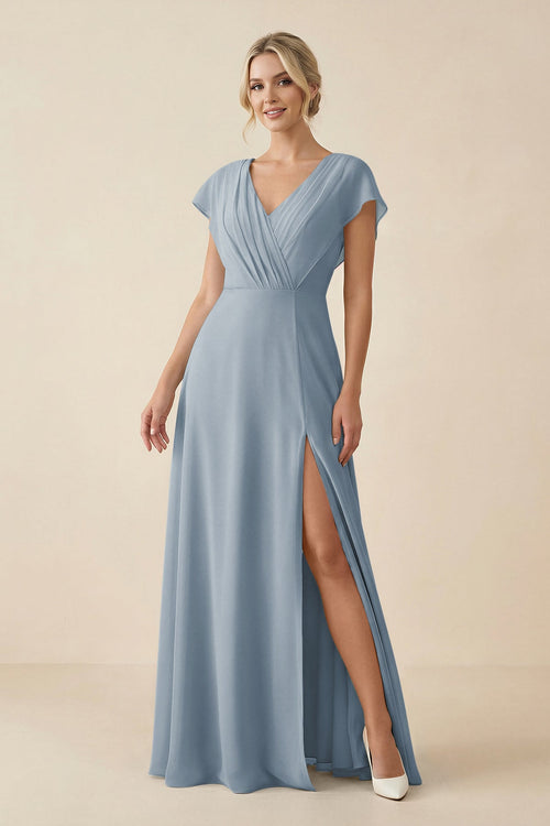 Dusty Blue V-Neck Cap Sleeve Chiffon Bridesmaid Dress with Cut-out Back | KISSBRIDAL