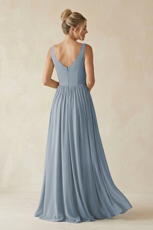 Dusty Blue V-Neck Chiffon A-Line Long Bridesmaid Dress (2) | KISSBRIDAL