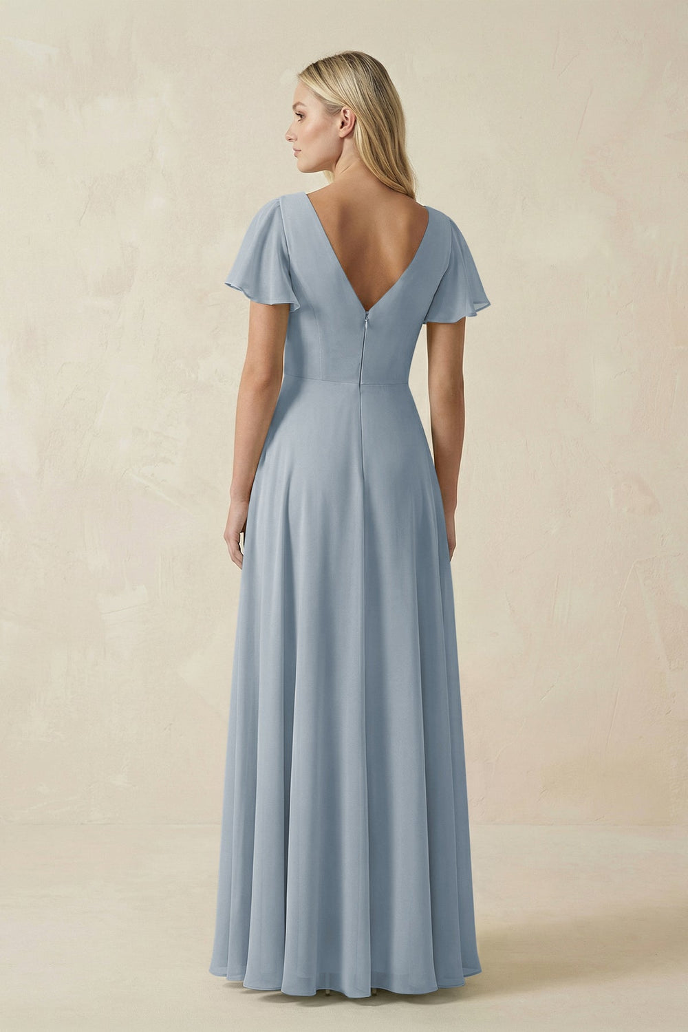 V-Neck Flutter Sleeve A-Line Chiffon Bridesmaid Dress in Dusty Blue