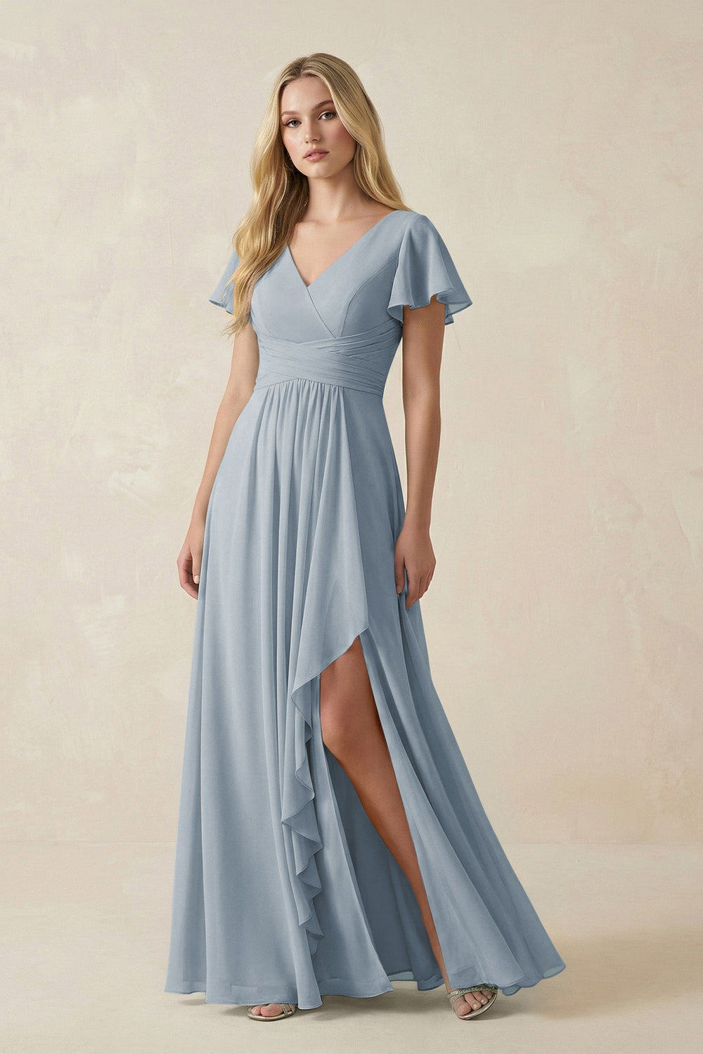 V-Neck Flutter Sleeve A-Line Chiffon Bridesmaid Dress in Dusty Blue