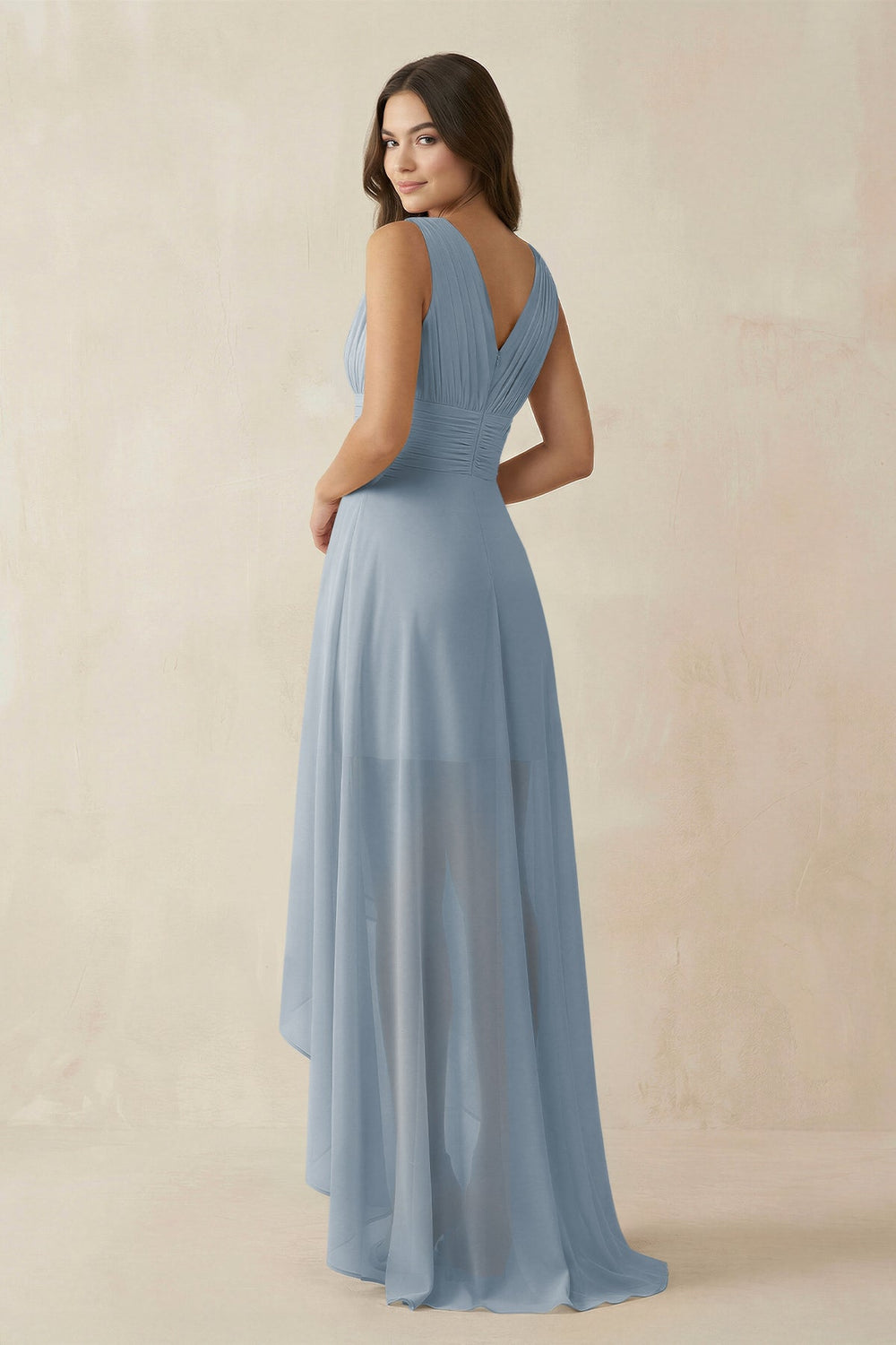 V-Neck High-Low Chiffon Bridesmaid Dress in Dusty Blue