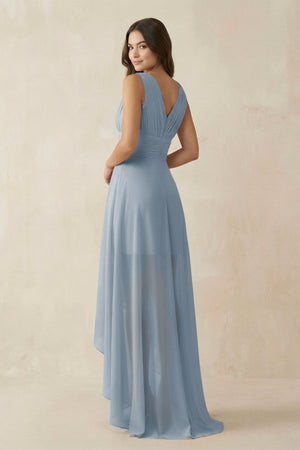 Dusty Blue V-Neck High-Low Chiffon Bridesmaid Dress (2) | KISSBRIDAL