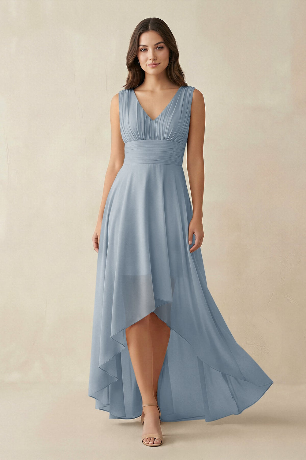 V-Neck High-Low Chiffon Bridesmaid Dress in Dusty Blue
