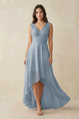 Dusty Blue V-Neck High-Low Chiffon Bridesmaid Dress | KISSBRIDAL