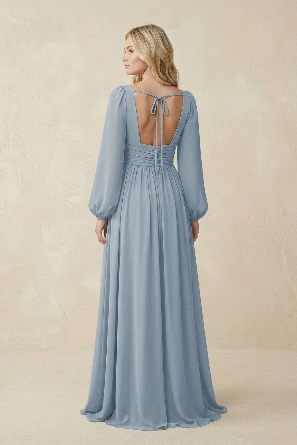V-Neck Long Sleeve A-Line Chiffon Bridesmaid Dress in Dusty Blue
