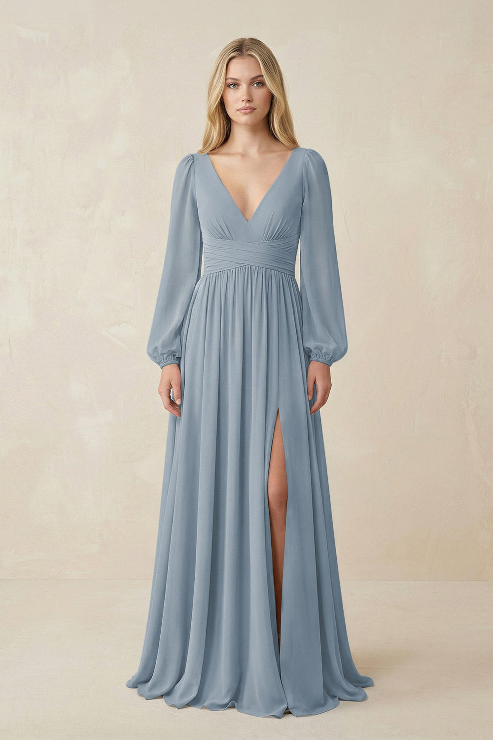 V-Neck Long Sleeve A-Line Chiffon Bridesmaid Dress in Dusty Blue
