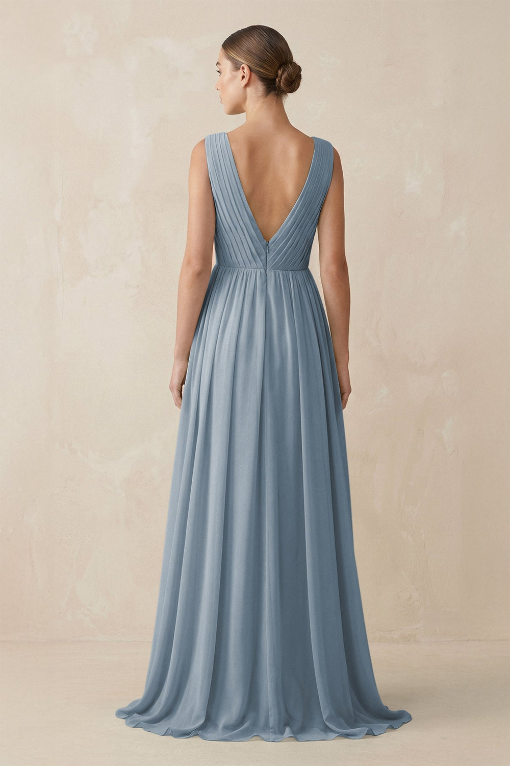 V-Neck Pleated A-Line Chiffon Bridesmaid Dress in Dusty Blue